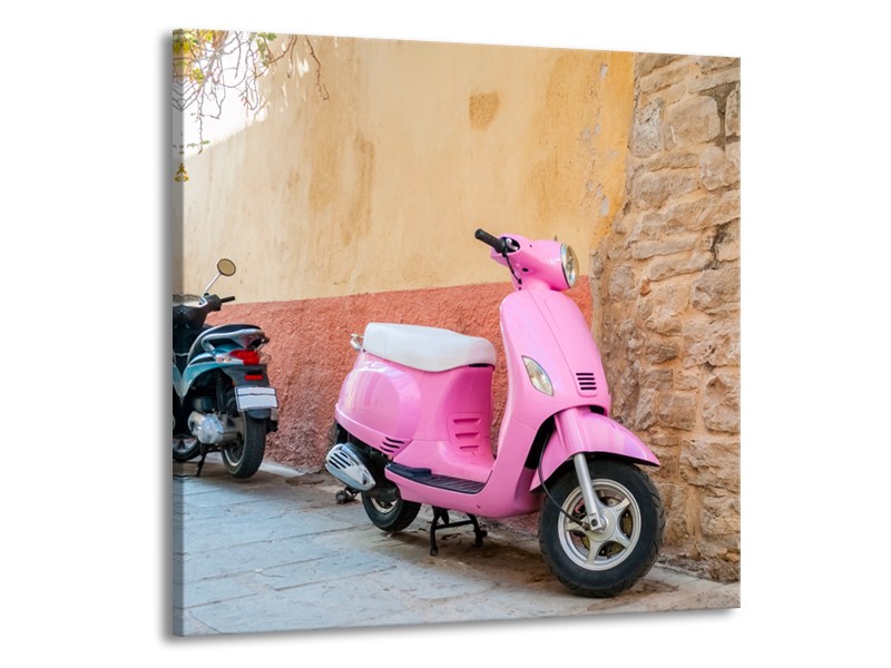 Glasschilderij Scooter, Motor | Bruin, Roze, Crème | 70x70cm 1Luik