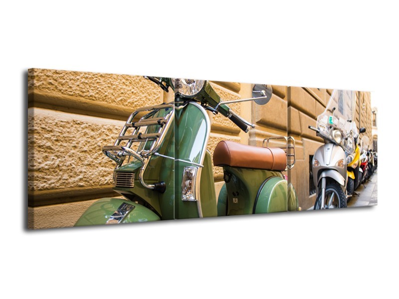 Glasschilderij Scooter, Motor | Groen, Bruin, Crème | 120x40cm 3Luik