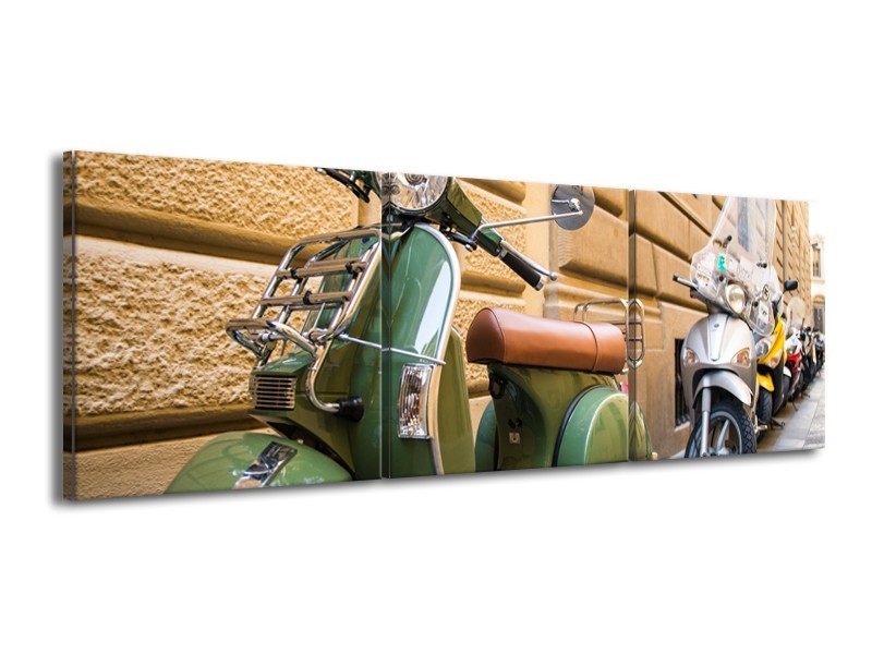 Glasschilderij Scooter, Motor | Groen, Bruin, Crème | 150x50cm 3Luik