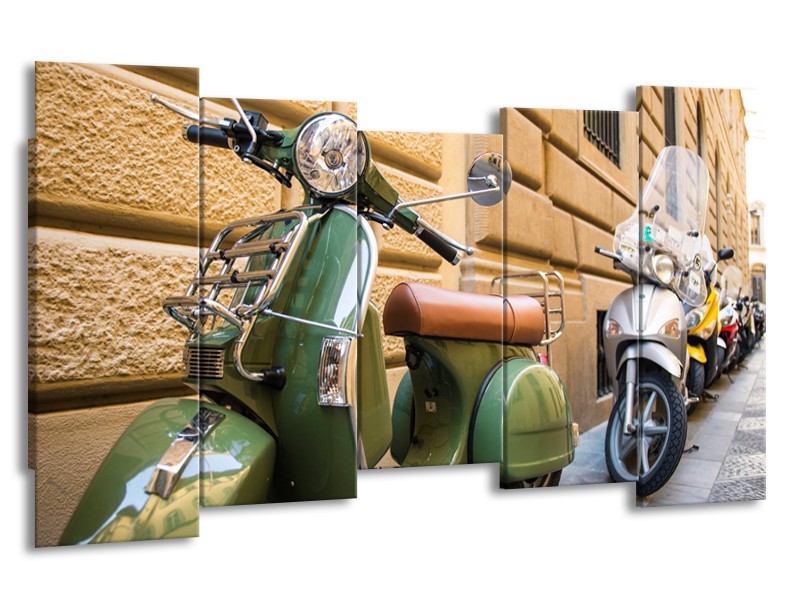 Glasschilderij Scooter, Motor | Groen, Bruin, Crème | 150x80cm 5Luik