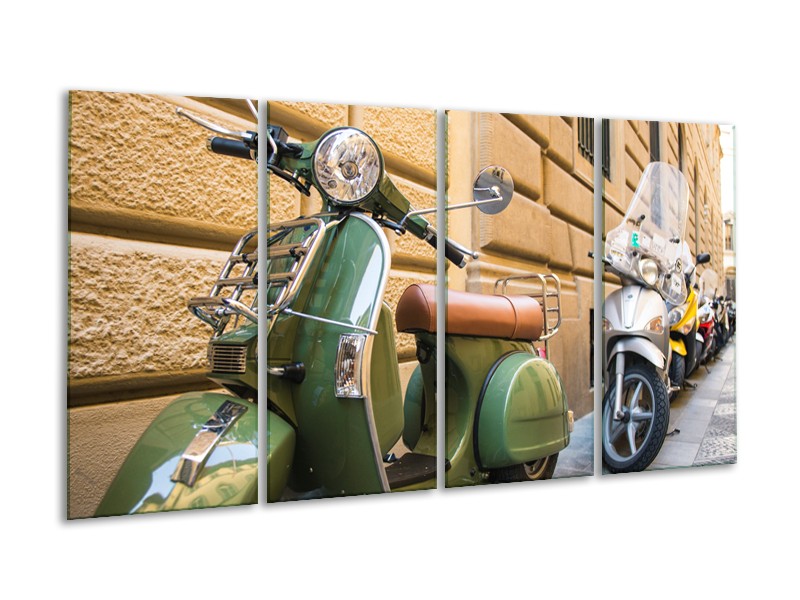 Canvas Schilderij Scooter, Motor | Groen, Bruin, Crème | 160x80cm 4Luik