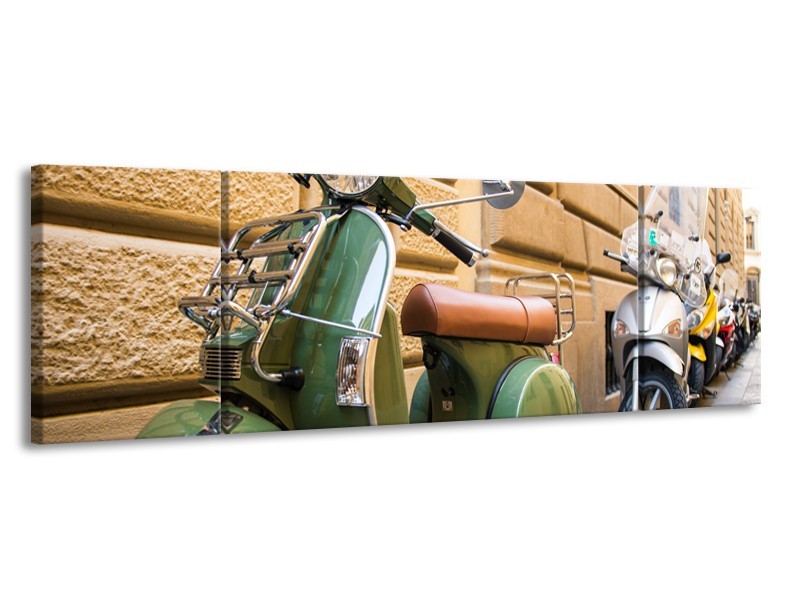 Canvas Schilderij Scooter, Motor | Groen, Bruin, Crème | 170x50cm 3Luik