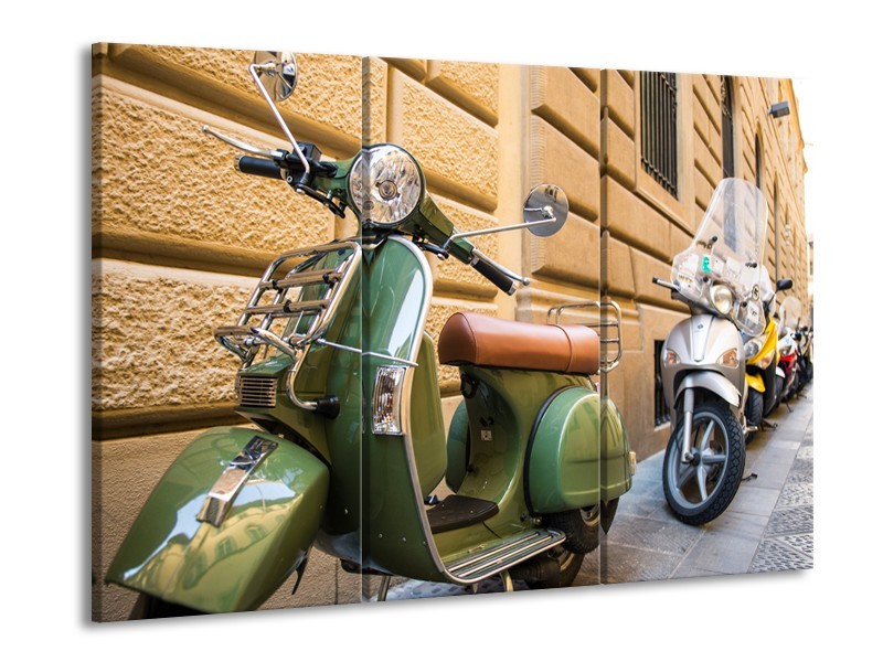 Glasschilderij Scooter, Motor | Groen, Bruin, Crème | 60x90cm 3Luik