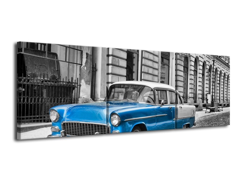 Canvas Schilderij Oldtimer, Auto | Grijs, Blauw, Zwart | 120x40cm 3Luik