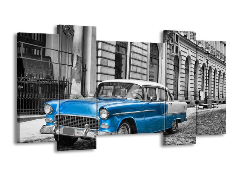 Glasschilderij Oldtimer, Auto | Grijs, Blauw, Zwart | 120x65cm 5Luik