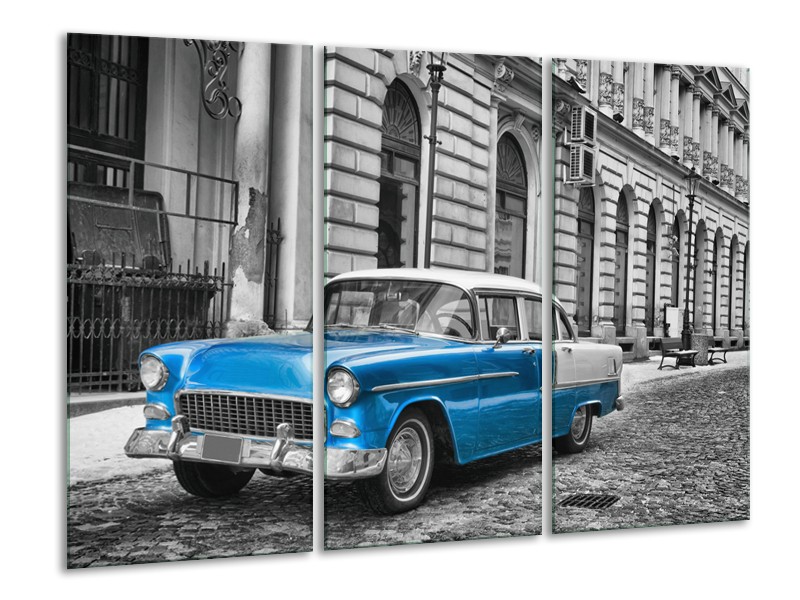 Glasschilderij Oldtimer, Auto | Grijs, Blauw, Zwart | 120x80cm 3Luik