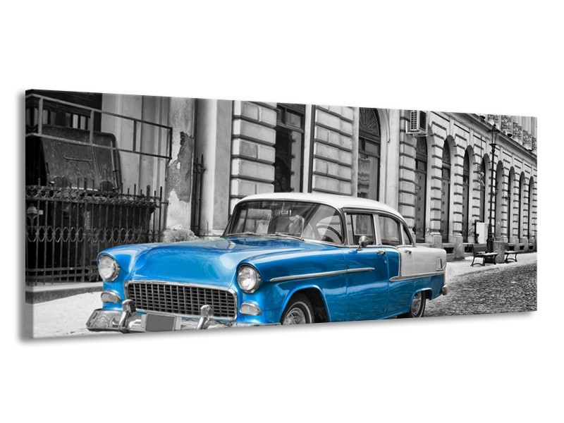 Glasschilderij Oldtimer, Auto | Grijs, Blauw, Zwart | 145x58cm 1Luik