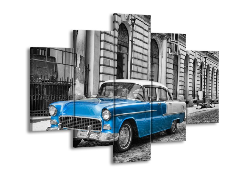 Canvas Schilderij Oldtimer, Auto | Grijs, Blauw, Zwart | 150x105cm 5Luik