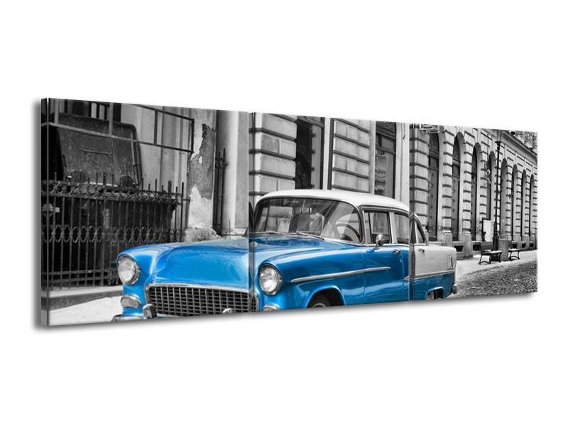 Canvas Schilderij Oldtimer, Auto | Grijs, Blauw, Zwart | 150x50cm 3Luik