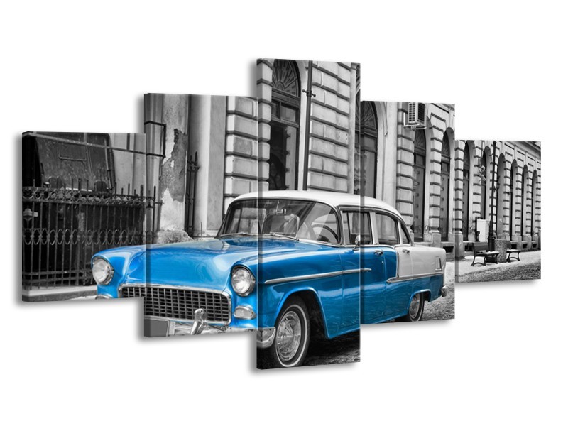 Glasschilderij Oldtimer, Auto | Grijs, Blauw, Zwart | 150x80cm 5Luik