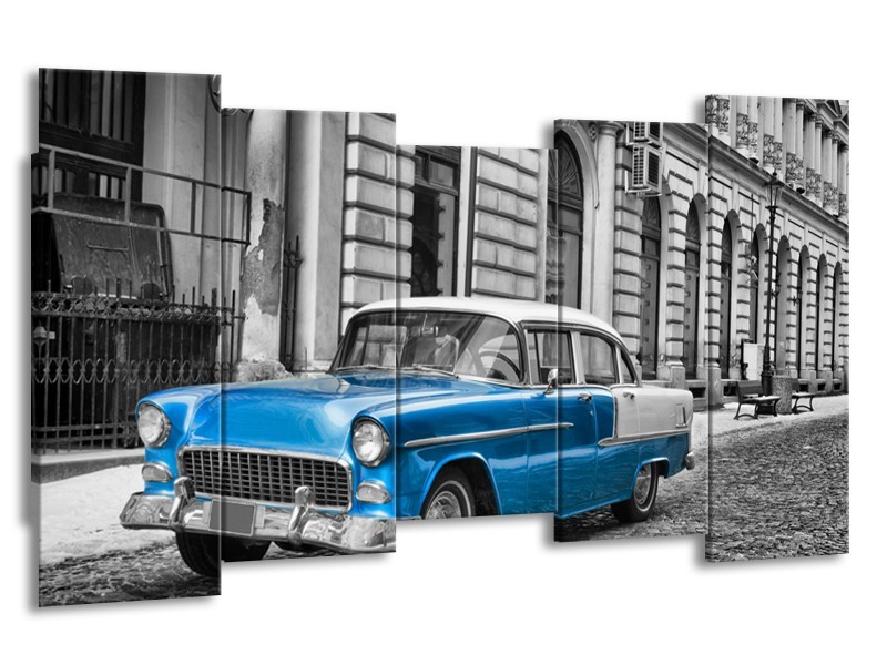 Glasschilderij Oldtimer, Auto | Grijs, Blauw, Zwart | 150x80cm 5Luik