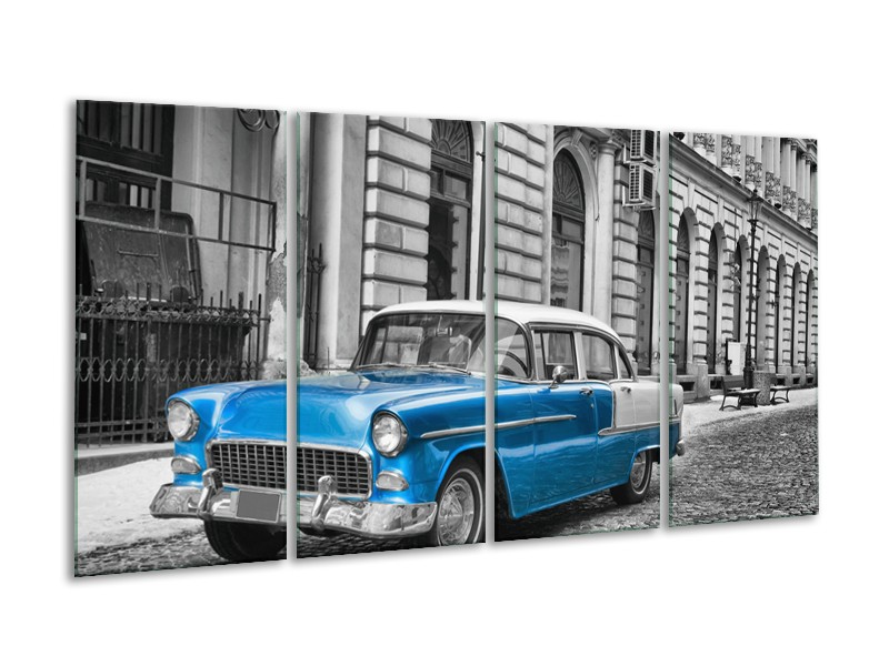 Glasschilderij Oldtimer, Auto | Grijs, Blauw, Zwart | 160x80cm 4Luik