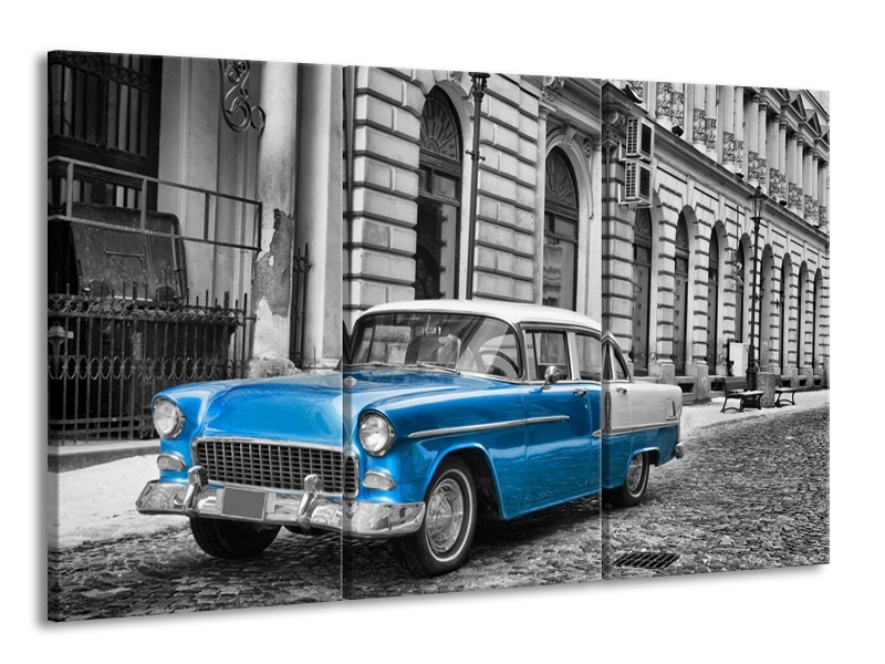 Canvas Schilderij Oldtimer, Auto | Grijs, Blauw, Zwart | 165x100cm 3Luik