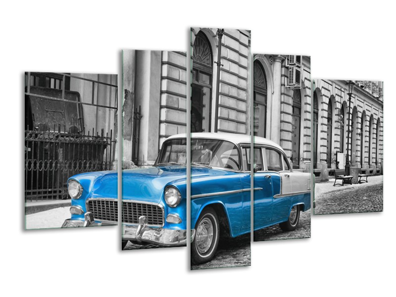 Canvas Schilderij Oldtimer, Auto | Grijs, Blauw, Zwart | 170x100cm 5Luik