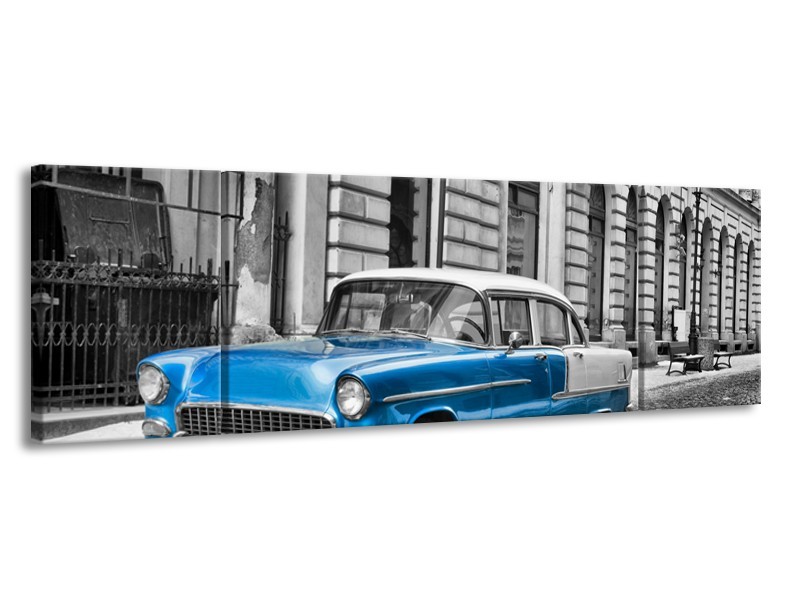 Canvas Schilderij Oldtimer, Auto | Grijs, Blauw, Zwart | 170x50cm 3Luik