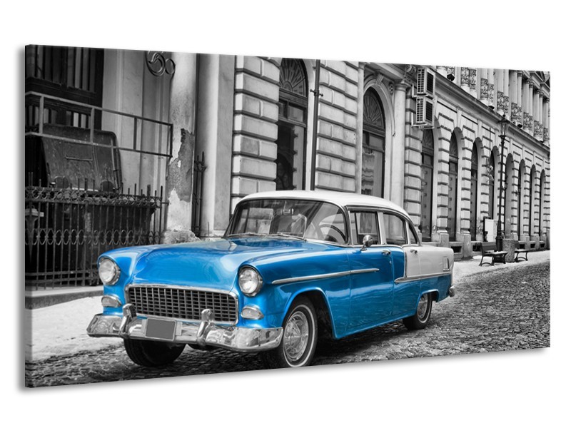 Canvas Schilderij Oldtimer, Auto | Grijs, Blauw, Zwart | 190x100cm 1Luik