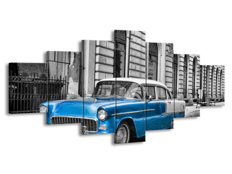 Glasschilderij Oldtimer, Auto | Grijs, Blauw, Zwart | 210x100cm 7Luik