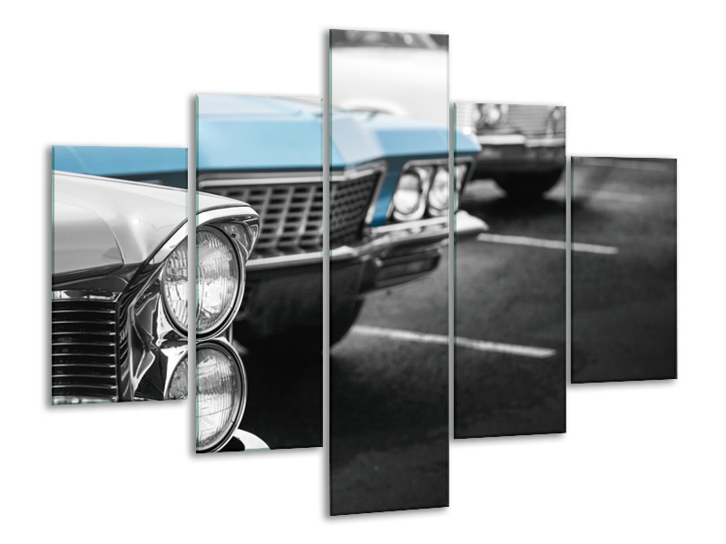 Glasschilderij Oldtimer, Auto | Grijs, Blauw, Zwart | 100x70cm 5Luik