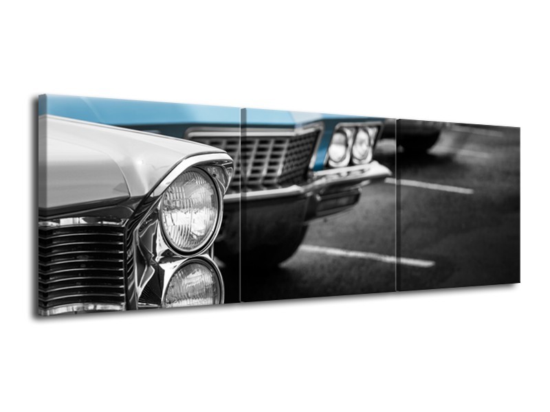 Canvas Schilderij Oldtimer, Auto | Grijs, Blauw, Zwart | 120x40cm 3Luik