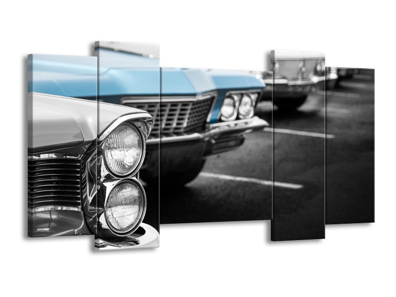 Glasschilderij Oldtimer, Auto | Grijs, Blauw, Zwart | 120x65cm 5Luik