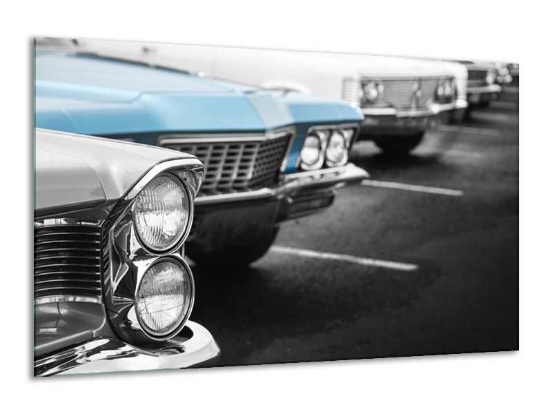 Glasschilderij Oldtimer, Auto | Grijs, Blauw, Zwart | 120x70cm 1Luik