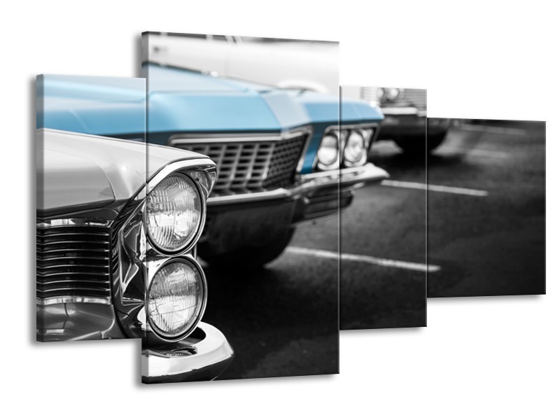 Canvas Schilderij Oldtimer, Auto | Grijs, Blauw, Zwart | 120x75cm 4Luik