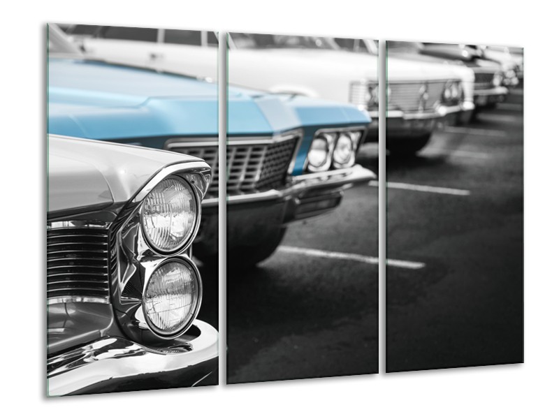 Glasschilderij Oldtimer, Auto | Grijs, Blauw, Zwart | 120x80cm 3Luik