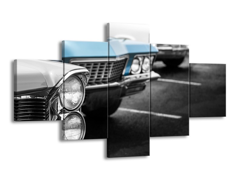 Canvas Schilderij Oldtimer, Auto | Grijs, Blauw, Zwart | 125x70cm 5Luik