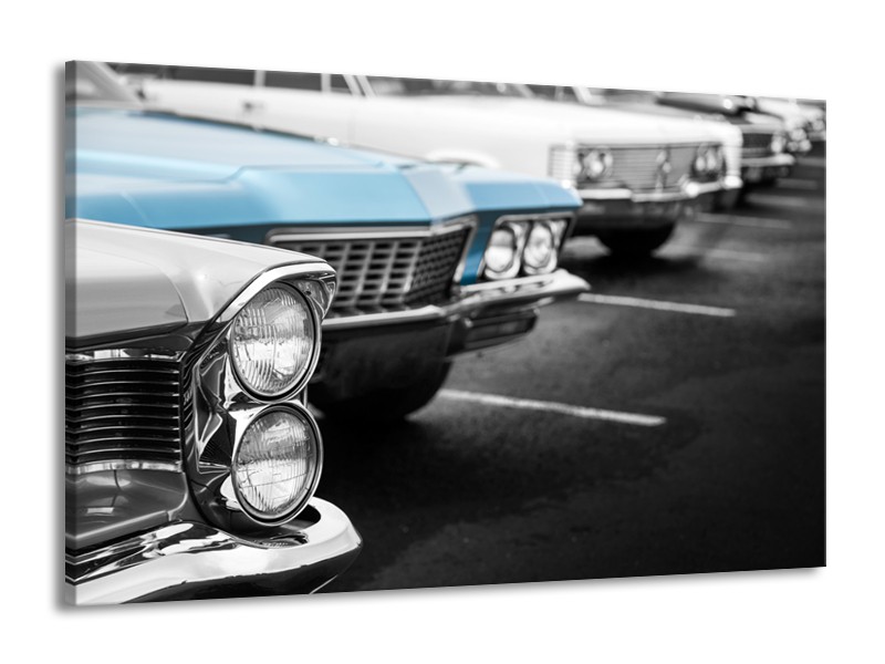 Glasschilderij Oldtimer, Auto | Grijs, Blauw, Zwart | 140x90cm 1Luik