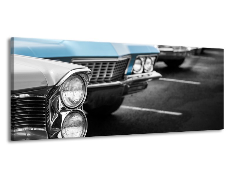 Canvas Schilderij Oldtimer, Auto | Grijs, Blauw, Zwart | 145x58cm 1Luik