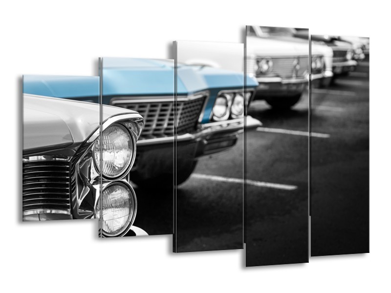 Canvas Schilderij Oldtimer, Auto | Grijs, Blauw, Zwart | 150x100cm 5Luik