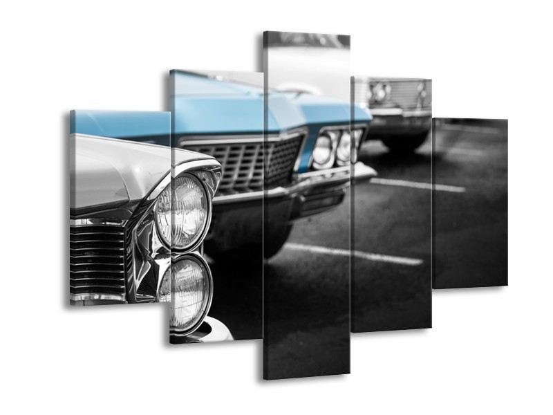 Glasschilderij Oldtimer, Auto | Grijs, Blauw, Zwart | 150x105cm 5Luik