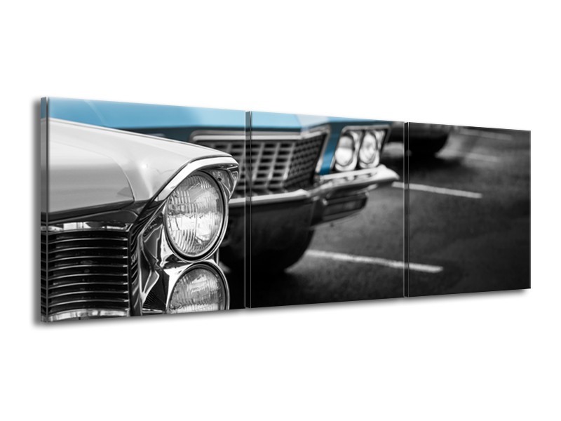 Glasschilderij Oldtimer, Auto | Grijs, Blauw, Zwart | 150x50cm 3Luik