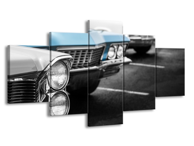 Glasschilderij Oldtimer, Auto | Grijs, Blauw, Zwart | 150x80cm 5Luik