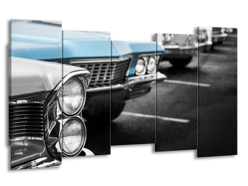 Glasschilderij Oldtimer, Auto | Grijs, Blauw, Zwart | 150x80cm 5Luik