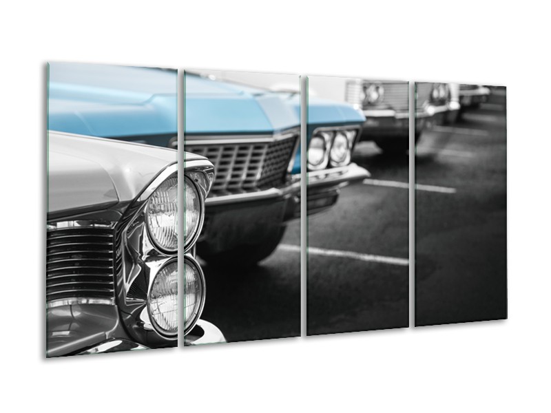 Canvas Schilderij Oldtimer, Auto | Grijs, Blauw, Zwart | 160x80cm 4Luik