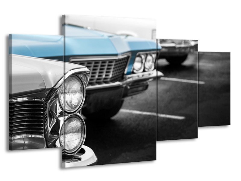 Canvas Schilderij Oldtimer, Auto | Grijs, Blauw, Zwart | 160x90cm 4Luik