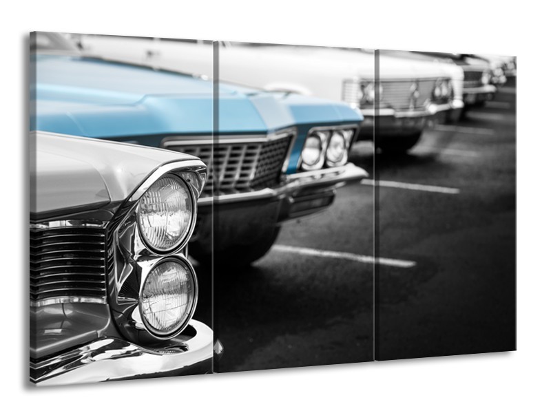 Canvas Schilderij Oldtimer, Auto | Grijs, Blauw, Zwart | 165x100cm 3Luik