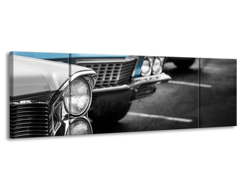 Glasschilderij Oldtimer, Auto | Grijs, Blauw, Zwart | 170x50cm 3Luik