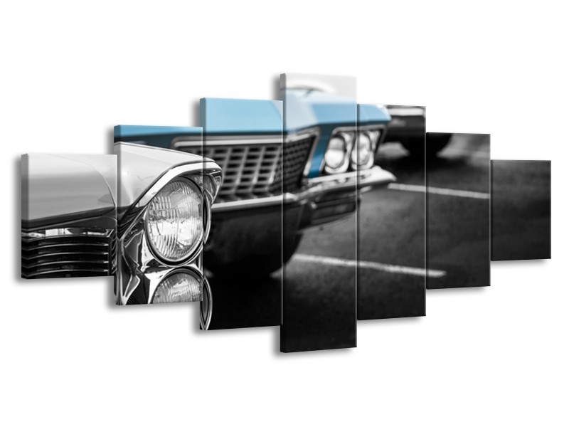 Glasschilderij Oldtimer, Auto | Grijs, Blauw, Zwart | 210x100cm 7Luik