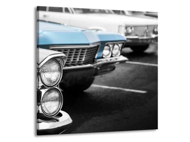 Glasschilderij Oldtimer, Auto | Grijs, Blauw, Zwart | 70x70cm 1Luik