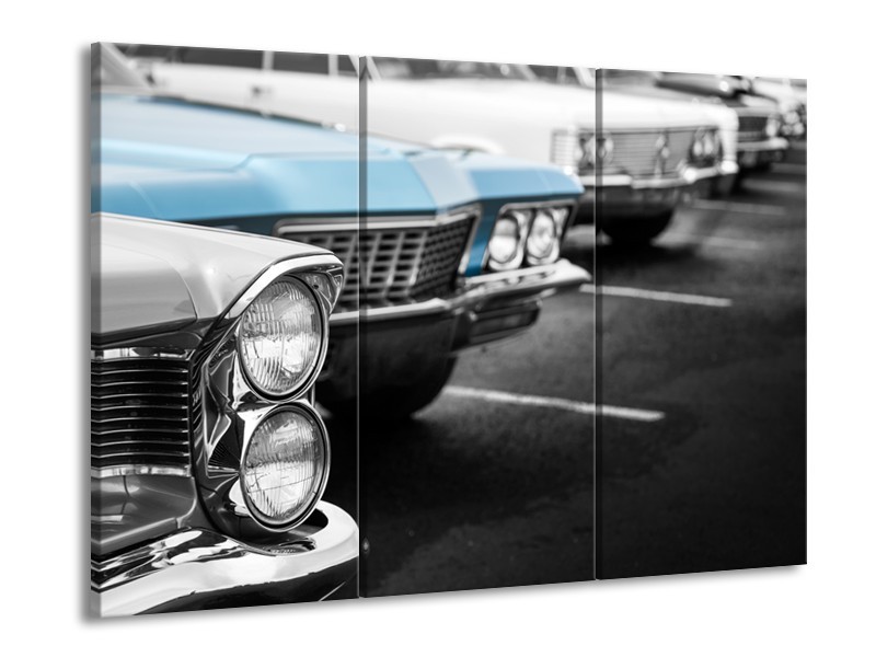 Glasschilderij Oldtimer, Auto | Grijs, Blauw, Zwart | 60x90cm 3Luik