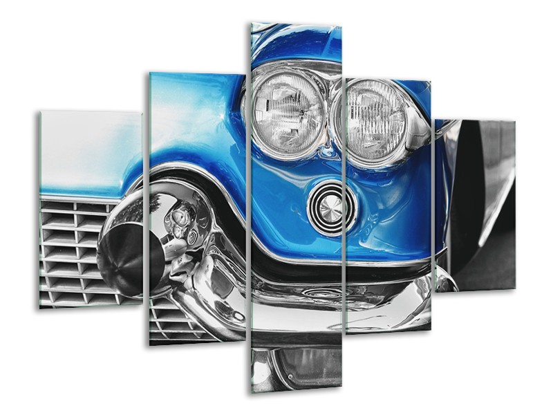 Canvas Schilderij Oldtimer, Auto | Grijs, Blauw, Zilver | 100x70cm 5Luik