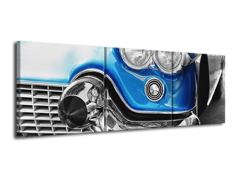 Glasschilderij Oldtimer, Auto | Grijs, Blauw, Zilver | 120x40cm 3Luik