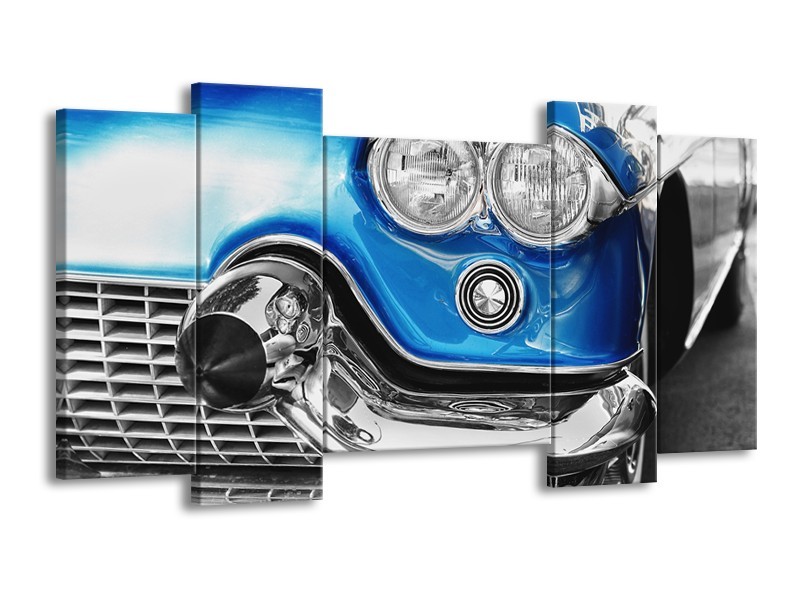 Canvas Schilderij Oldtimer, Auto | Grijs, Blauw, Zilver | 120x65cm 5Luik