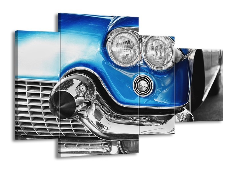 Glasschilderij Oldtimer, Auto | Grijs, Blauw, Zilver | 120x75cm 4Luik