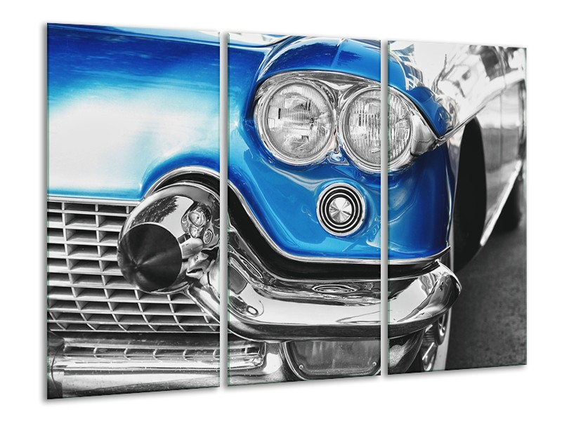 Canvas Schilderij Oldtimer, Auto | Grijs, Blauw, Zilver | 120x80cm 3Luik