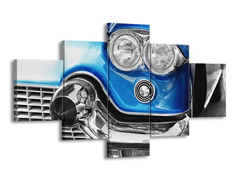 Canvas Schilderij Oldtimer, Auto | Grijs, Blauw, Zilver | 125x70cm 5Luik