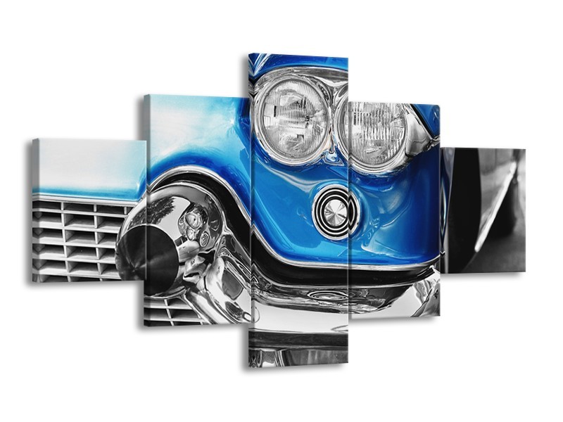 Glasschilderij Oldtimer, Auto | Grijs, Blauw, Zilver | 125x70cm 5Luik