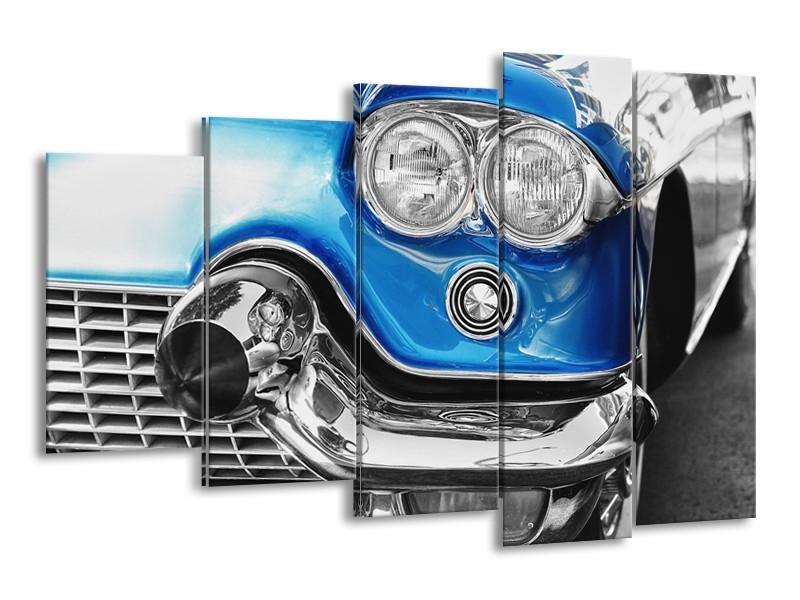 Glasschilderij Oldtimer, Auto | Grijs, Blauw, Zilver | 150x100cm 5Luik